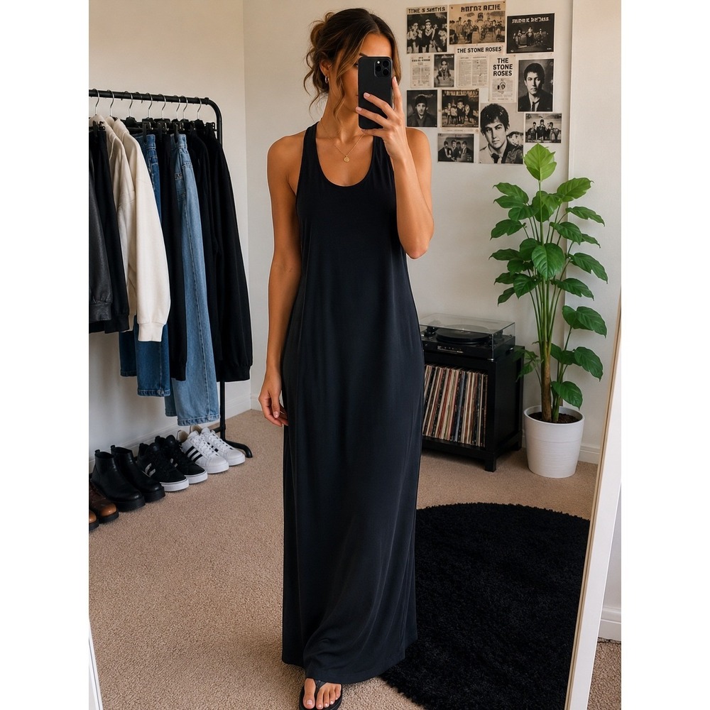 TROUVE Racerback Column Satin Backed Crepe Black Maxi Dress XS